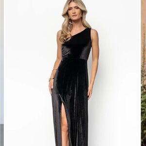 Baltic Born Black One-Shoulder Velvet Gown with Thigh Slit